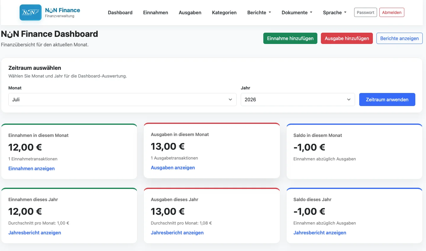 Dashboard von NoonFinance