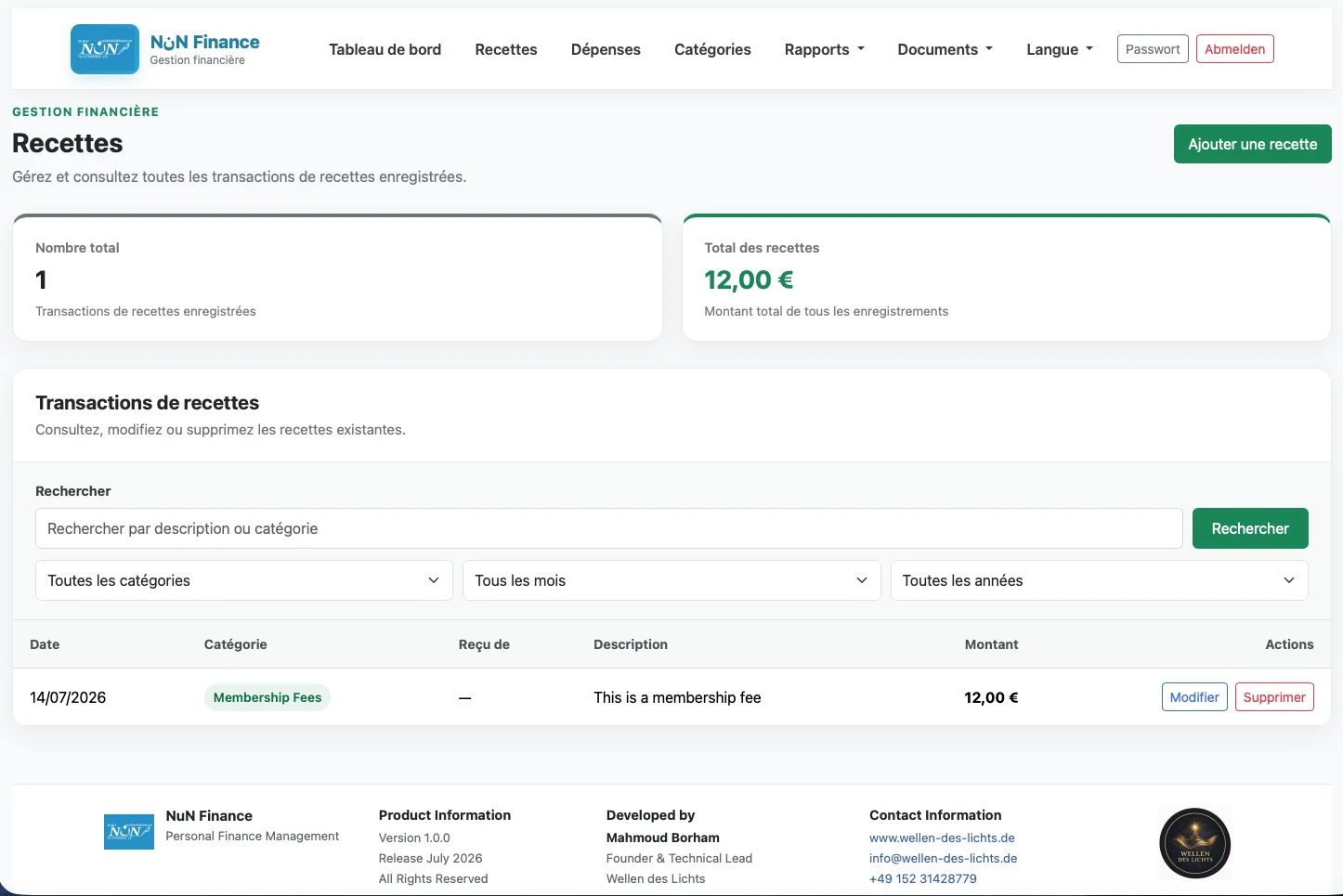 Einnahmenverwaltung in NoonFinance