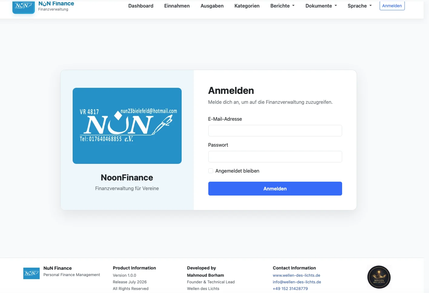 Dashboard von NoonFinance