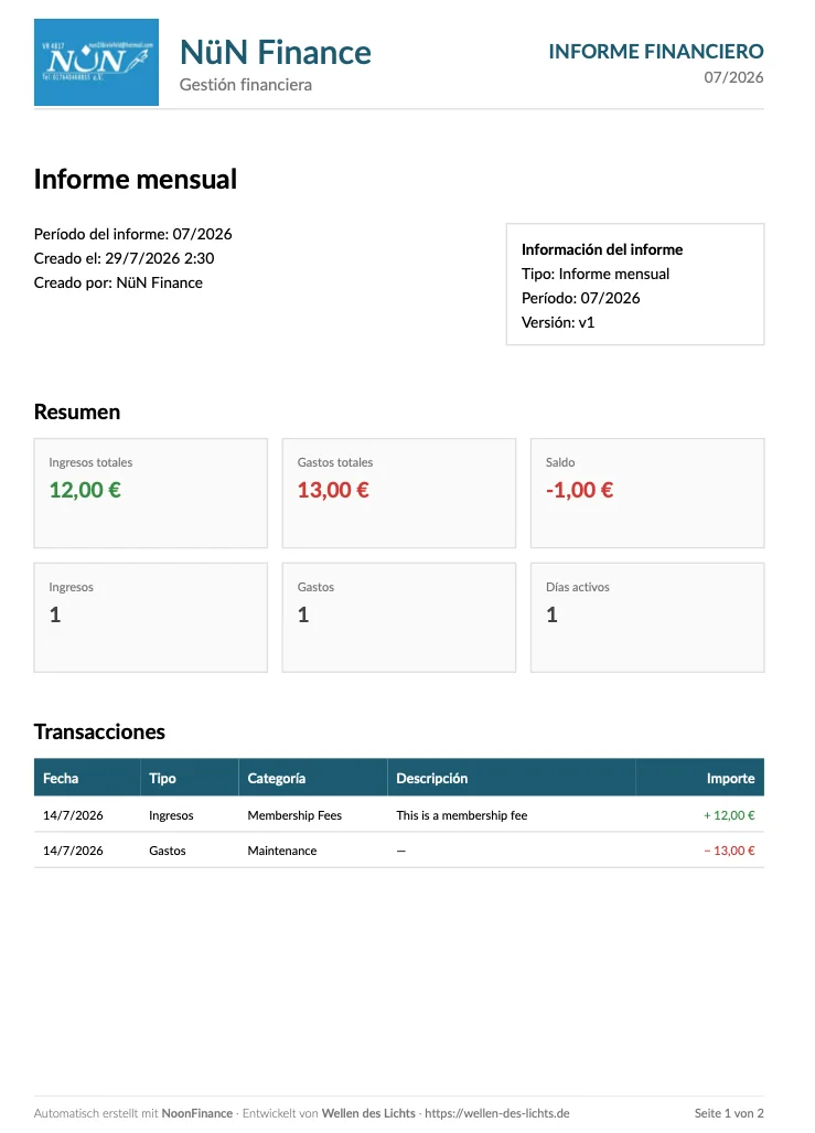 Mehrsprachiger PDF-Bericht aus NoonFinance