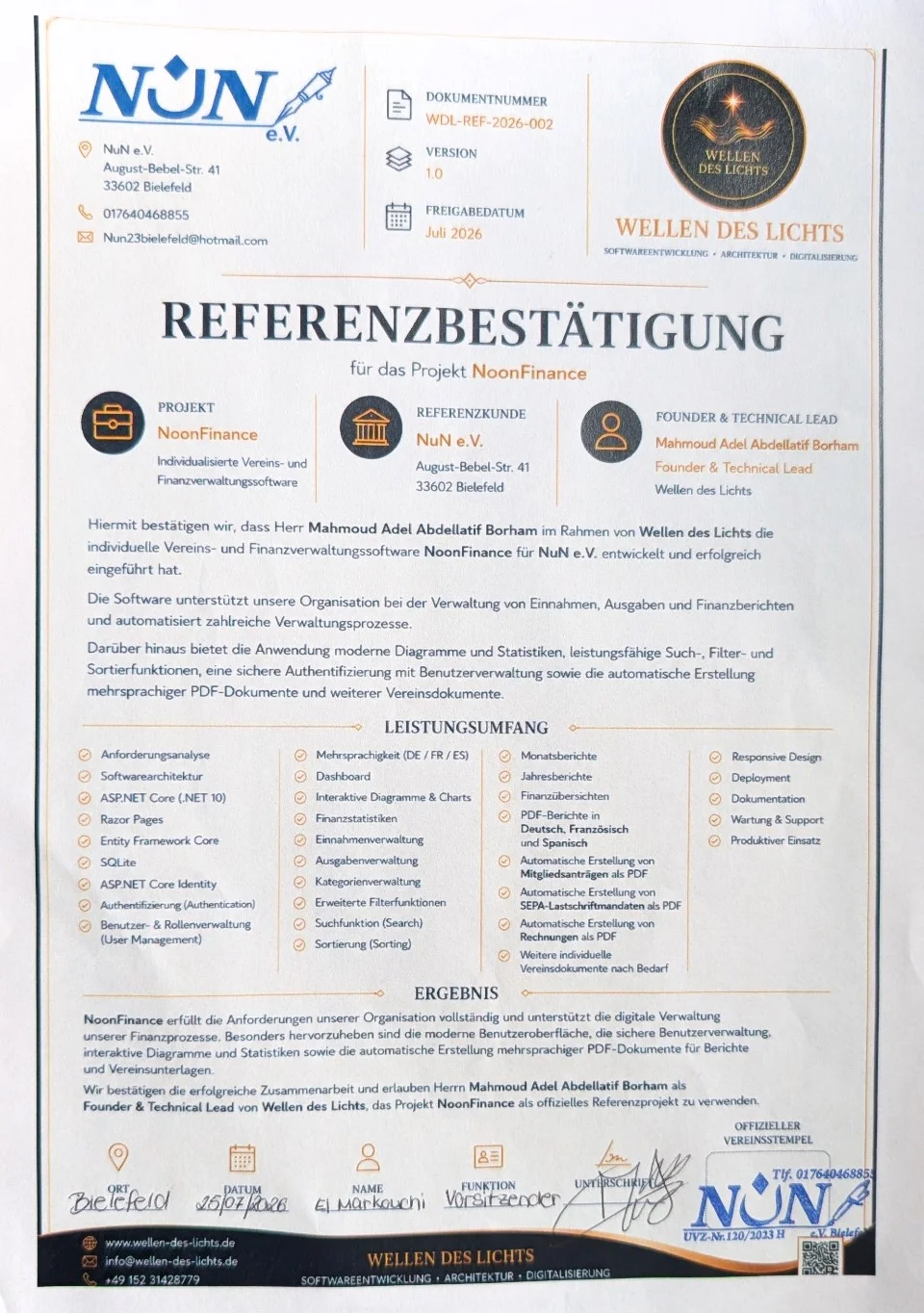 Vorschau der offiziellen Referenzbestätigung für NoonFinance